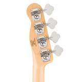 Back of headstock of Squier Paranormal Precision Bass Thinline SJ Maple Vintage White.