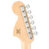 Back of headstock of Squier Paranormal Stratocaster Deluxe Maple Lake Placid Blue.
