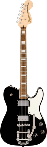 Full frontal of Squier Paranormal Troublemaker Telecaster Deluxe Bigsby Laurel Black.