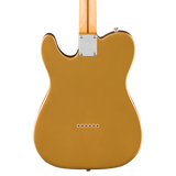 The back view of a Fender Telecaster electric guitar, showcasing its signature gold single-cutaway body, maple neck, and chrome hardware against a solid white background.