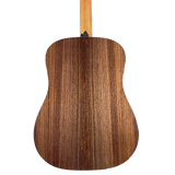 Back view of a wooden acoustic guitar on a white background
