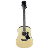 Acoustic guitar with a natural wood finish on a white background