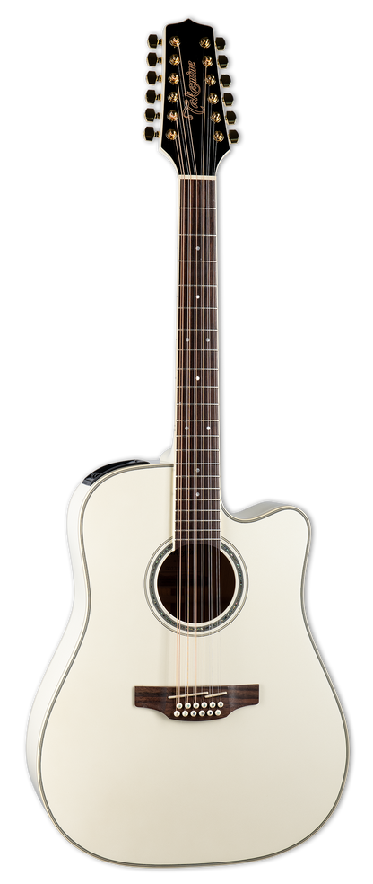 Full frontal of Takamine GD37CE12PW 12 String Pearl White.