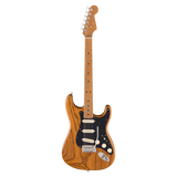 A classic Fender Stratocaster electric guitar in a natural wood finish, featuring a black pickguard, cream control knobs, and a maple neck, shown against a plain white background.