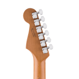Close-up of the headstock of an electric guitar, showing the maple wood grain finish and six silver tuning pegs against a white background.