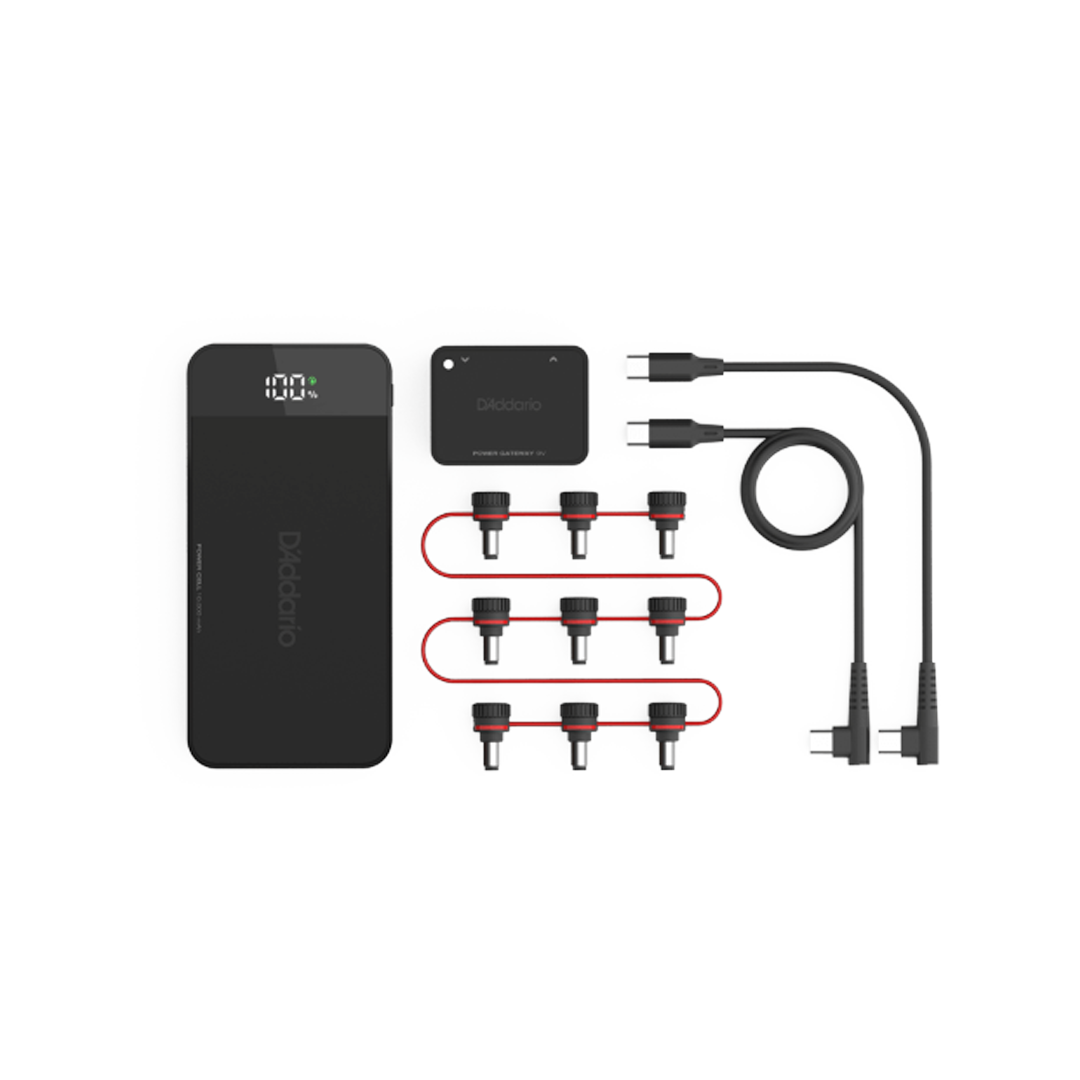 Shot of contents of D'Addario XPND Pedal Power Battery Kit