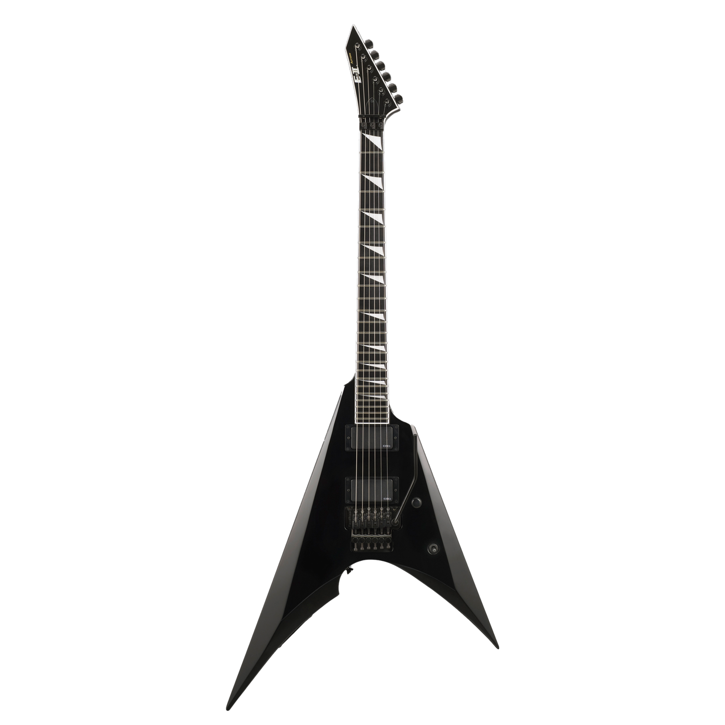 Full shot of front of ESP E-II Arrow Black w/case