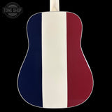 Acoustic guitar with a design featuring blue, white, and red stripes on a black background.