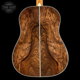 Back of Martin Custom Shop Slope Shoulder Dread 1935 Sunburst 28 Style Adirondack / Wild Grain East Indian Rosewood.