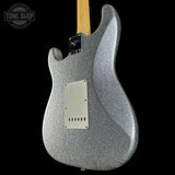 Back angle of Fender Custom Shop 1969 Stratocaster Journeyman Relic Silver Sparkle.