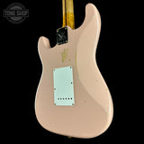 Back angle of Fender Custom Shop 70th Anniversary 1954 Stratocaster Relic Shell Pink.