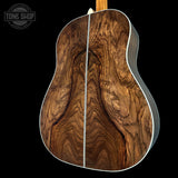 Back angle of Martin Custom Shop Slope Shoulder Dread 1935 Sunburst 28 Style Adirondack / Wild Grain East Indian Rosewood.