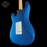Back angle of Fender Custom Shop 1969 Stratocaster Journeyman Relic Blue Sparkle.
