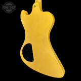 Yellow electric guitar body on a black background with 'Tone Shop' logo.