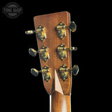 Back of headstock of Martin Custom Shop OM 41 Style Adirondack / Sinker Mahogany.