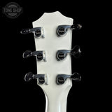 Back of headstock of Taylor 2025 Namm Custom #5 Grand Pacific Pearl White.