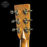 Back of headstock of Martin Custom Shop Dread 41 Style Torch Adirondack/Cocobolo.