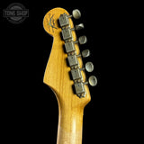 Back of headstock of Fender Custom Shop Limited Edition Roasted '54 Strat Journeyman Relic Aged Black.
