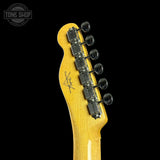 Back of headstock of Fender Custom Shop Vintage Custom 1950 Pine Esquire Time Capsule Aged White Blonde.
