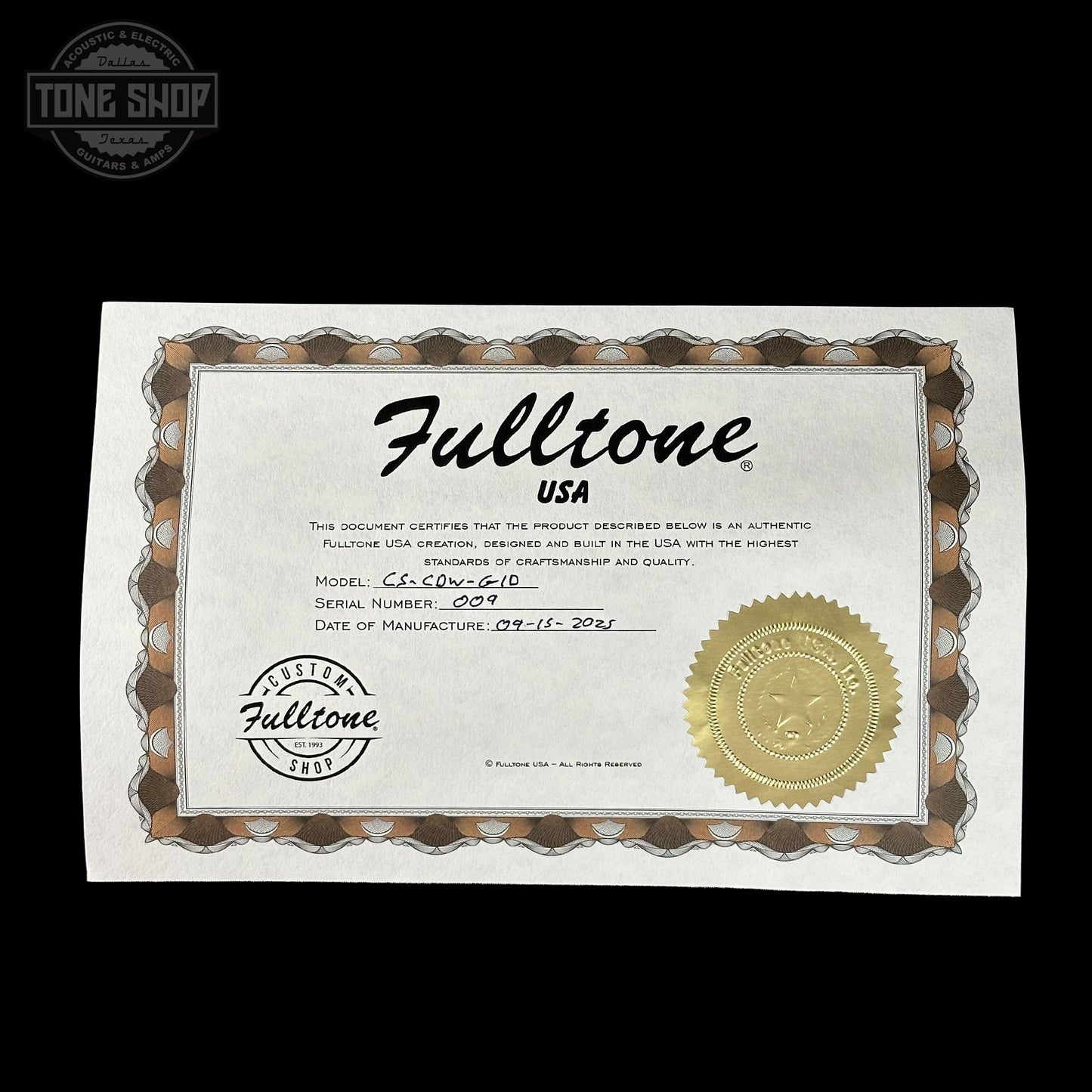 Fulltone USA certificate with gold seal on a white background