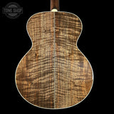 Back of Collings SJ Custom Jet Black Top Tigerstripe Pickguard Old Growth Sitka/Bastogne Walnut.