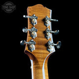 Back of headstock of Collings CJ Old Growth Sitka Baked Bubble Maple.