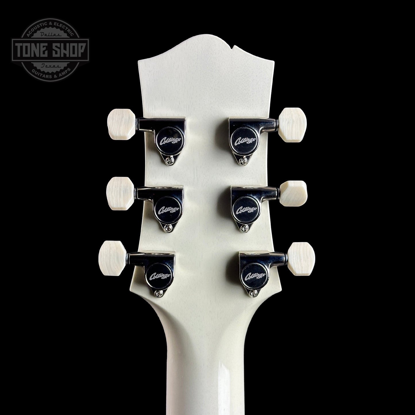 Back of headstock of Collings 290 DC Vintage White Throbaks.