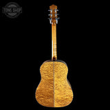 Full back of Collings CJ Old Growth Sitka Baked Bubble Maple.