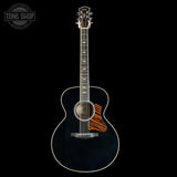 Full front of Collings SJ Custom Jet Black Top Tigerstripe Pickguard Old Growth Sitka/Bastogne Walnut.