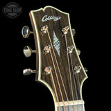 Headstock of Collings SJ Custom Jet Black Top Tigerstripe Pickguard Old Growth Sitka/Bastogne Walnut.