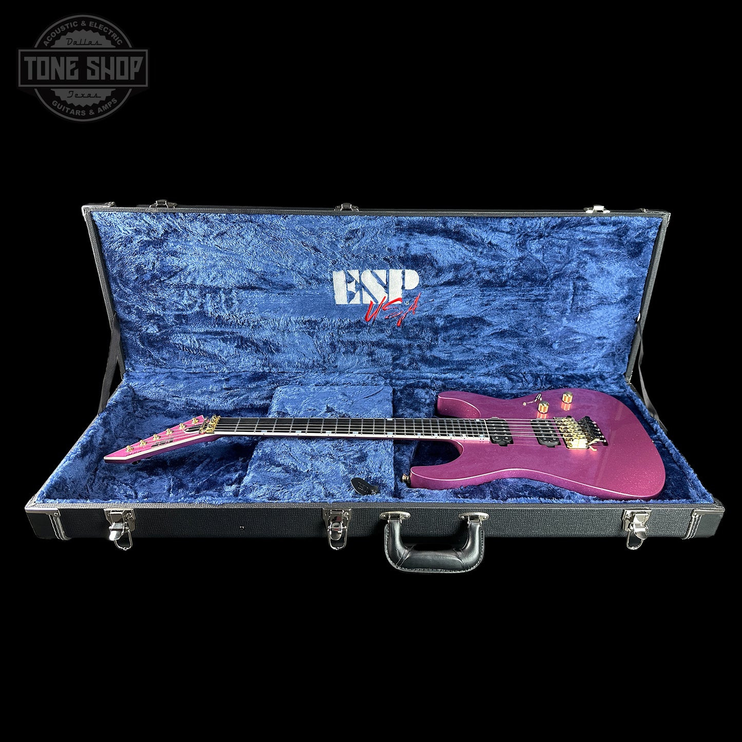 ESP USA M-II NTB Floyd Rose Gold Hardware Disco Pink Sparkle SD2 in case.
