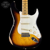 Front of Fender Custom Shop 1957 Stratocaster Relic 2 Tone Sunburst AAA Maple Neck.