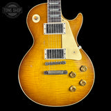 Front of Gibson Custom Shop 1959 Les Paul Standard Reissue Murphy Lab Heavy Aged Golden Poppy Burst.