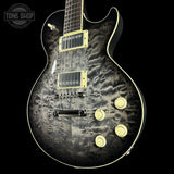 Front angle of Collings CL City Limits DLX Quilt Top Acid Wash Charcoal Burst.