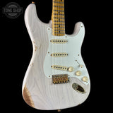 Front angle of Fender Custom Shop 1957 Stratocaster Relic White Blonde AAA Maple Neck.