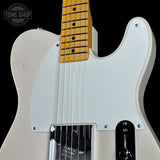 Front angle of Fender Custom Shop Vintage Custom 1950 Pine Esquire Time Capsule Aged White Blonde.