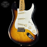 Front angle of Fender Custom Shop 1957 Stratocaster Relic 2 Tone Sunburst AAA Maple Neck.