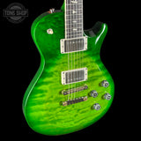 Front angle of PRS S2 Wood Library McCarty 594 Singlecut Quilt Eriza Verde.
