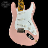 Front angle of Fender Custom Shop 70th Anniversary 1954 Stratocaster Relic Shell Pink.
