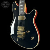 Front angle of EVH Custom Shop Wolfgang 2H Black Metallic/Candy Tangerine.