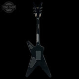 Black electric guitar with a unique design on a white background, featuring the 'Tone Shop' logo.