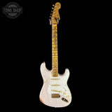 Full front of Fender Custom Shop 1957 Stratocaster Relic White Blonde AAA Maple Neck.
