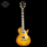 Full front of Gibson Custom Shop 1959 Les Paul Standard Reissue Murphy Lab Heavy Aged Golden Poppy Burst.