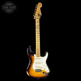 Full front of Fender Custom Shop 1957 Stratocaster Relic 2 Tone Sunburst AAA Maple Neck.