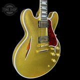 Front angle of Gibson Custom Shop 1959 ES-355 Reissue Diamond F-Holes Gold Sparkle Heavy Flake Gloss.
