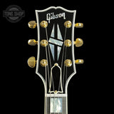 Front of headstock of Gibson Custom Shop 1959 ES-355 Reissue Diamond F-Holes Gold Sparkle Heavy Flake Gloss.
