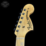 Headstock of Fender Custom Shop 1969 Stratocaster Journeyman Relic Silver Sparkle.