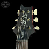 Headstock of PRS Wood Library Custom 24 Quilt 10 Top Dark Cherry Sunburst.