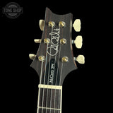 Guitar headstock with brand logo on a black background