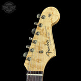 Headstock of Fender Custom Shop 1963 Stratocaster Journeyman Relic Ocean Turquoise AAA Maple Neck.